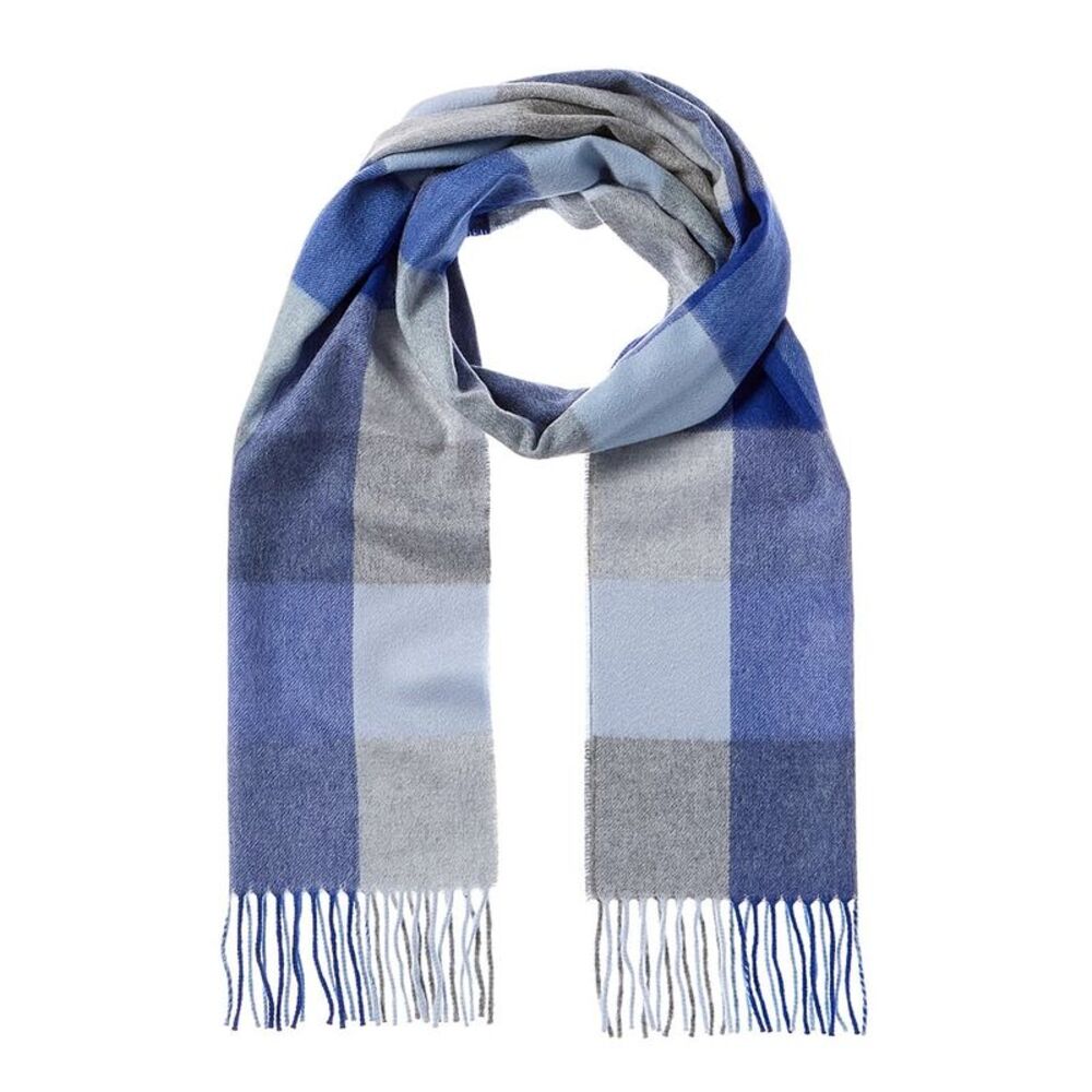 Amicale Cashmere Buffalo Check Cashmere Scarf, Blue